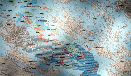 Tato mapa dokresluje neskutečnost finské jezerní krajiny, je tu více vody než pevniny..